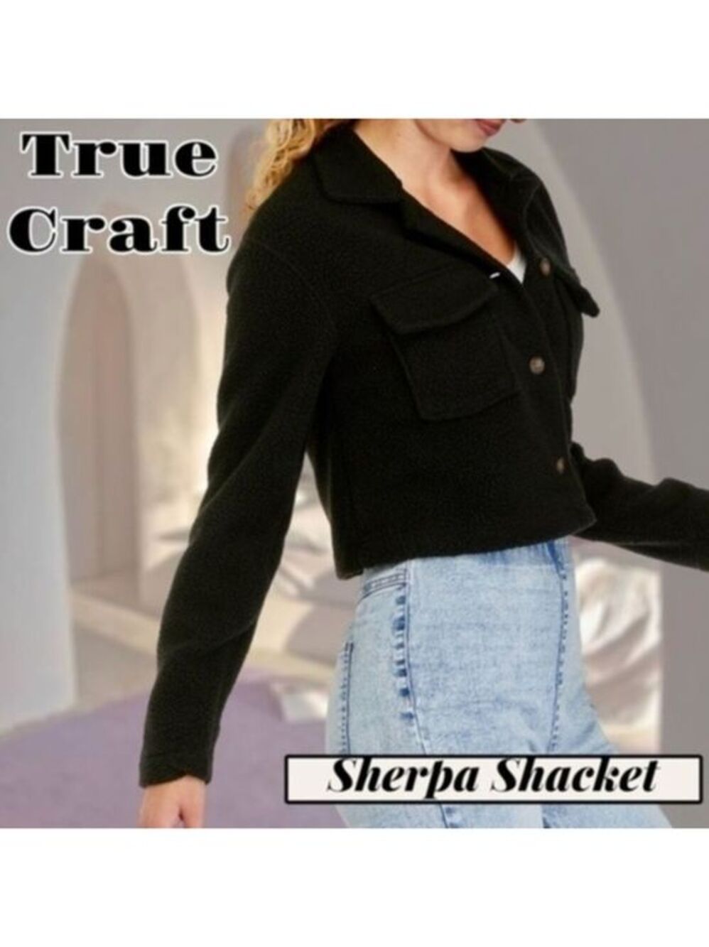 TRUE CRAFT Juniors' Sherpa Button-Front Shacket in Black